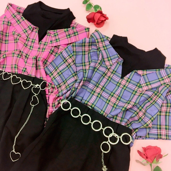 W♥C / Wego Japan mock layered cold shoulder pink plaid shirt dress - Picture 6 of 10